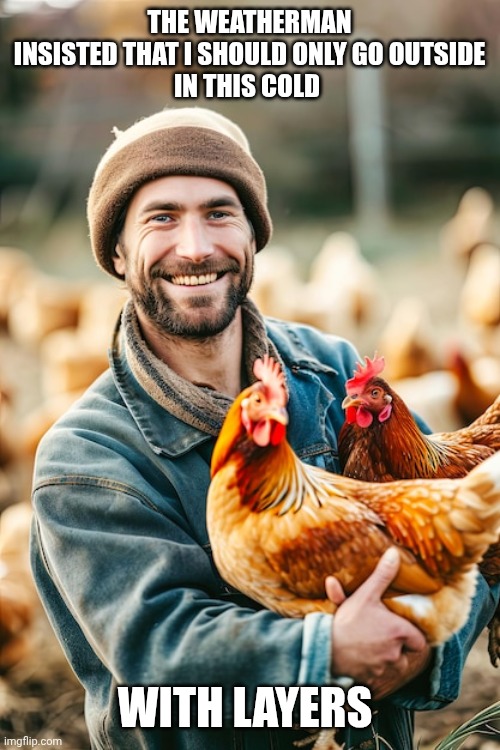 Layering | THE WEATHERMAN INSISTED THAT I SHOULD ONLY GO OUTSIDE
IN THIS COLD; WITH LAYERS | image tagged in layering | made w/ Imgflip meme maker