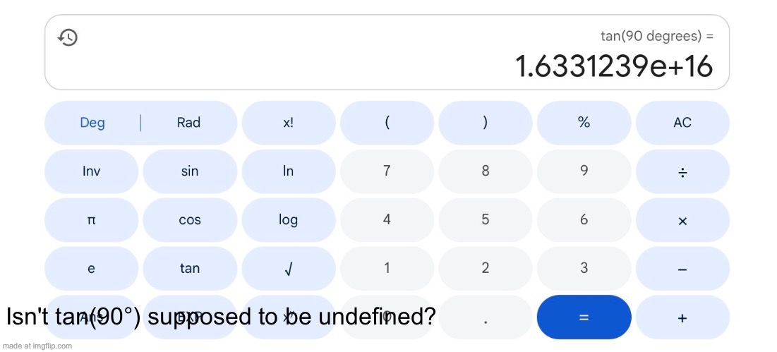 ??? | Isn't tan(90°) supposed to be undefined? | image tagged in memes,math,mathematics,maths,math in a nutshell | made w/ Imgflip meme maker