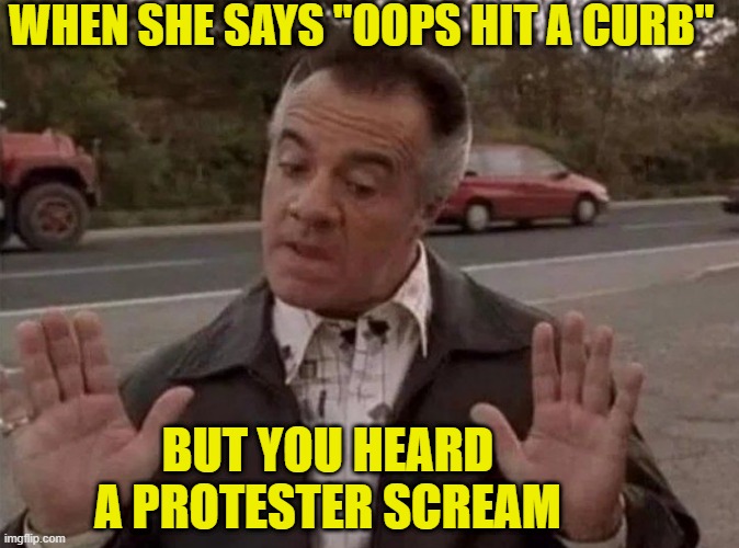 Cop didn't see it, I didn't do it | WHEN SHE SAYS "OOPS HIT A CURB"; BUT YOU HEARD A PROTESTER SCREAM | image tagged in traffic jam,protest,late for work,sopranos,protesters,america first | made w/ Imgflip meme maker