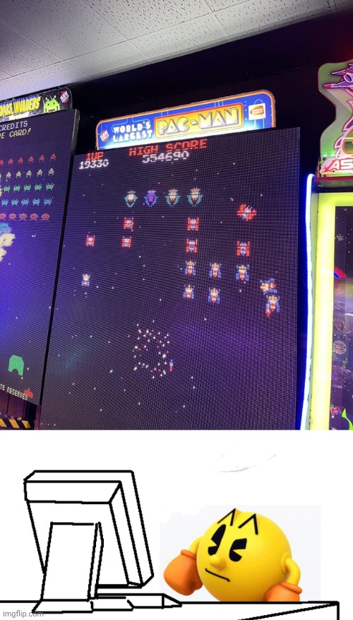 Galaga | image tagged in pac-man confused,pac-man,galaga,gaming,memes,video game | made w/ Imgflip meme maker