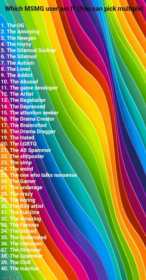 Which MSMG user am I? (mega extended) | image tagged in which msmg user am i mega extended | made w/ Imgflip meme maker