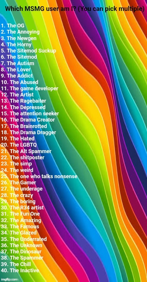 Which MSMG user am I? (mega extended) | image tagged in which msmg user am i mega extended | made w/ Imgflip meme maker