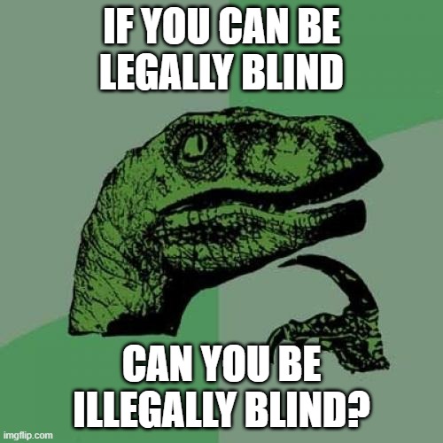 Philosoraptor on blindness | IF YOU CAN BE
LEGALLY BLIND; CAN YOU BE
ILLEGALLY BLIND? | image tagged in memes,philosoraptor,blind,legally,illegally,question | made w/ Imgflip meme maker
