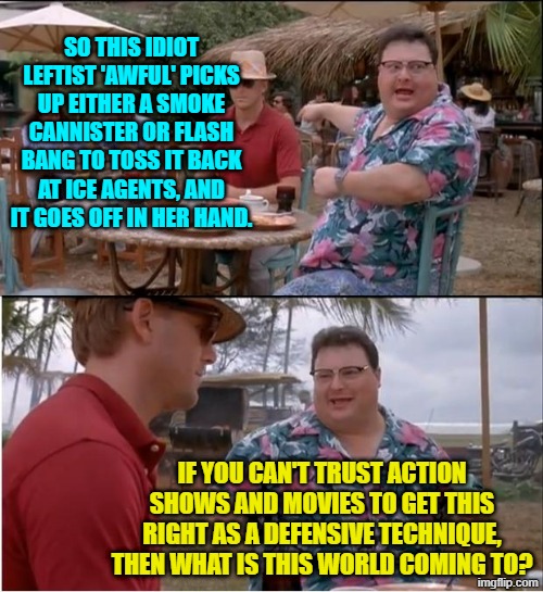 All leftists KNOW is what they see on television. | SO THIS IDIOT LEFTIST 'AWFUL' PICKS UP EITHER A SMOKE CANNISTER OR FLASH BANG TO TOSS IT BACK AT ICE AGENTS, AND IT GOES OFF IN HER HAND. IF YOU CAN'T TRUST ACTION SHOWS AND MOVIES TO GET THIS RIGHT AS A DEFENSIVE TECHNIQUE, THEN WHAT IS THIS WORLD COMING TO? | image tagged in see nobody cares | made w/ Imgflip meme maker