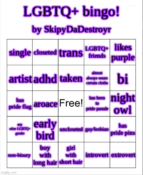 blank bingo template (with better font) | LGBTQ+ bingo! by SkipyDaDestroyr; single; closeted; trans; LGBTQ+ friends; likes purple; taken; artist; adhd; almost always wears certain cloths; bi; night owl; has pride flag; has been to pride parade; aroace; early bird; gay/lesbian; any other LGBTQ+ gender; has pride pins; uncloseted; extrovert; girl with short hair; introvert; boy with long hair; non-binary | image tagged in blank bingo template with better font | made w/ Imgflip meme maker