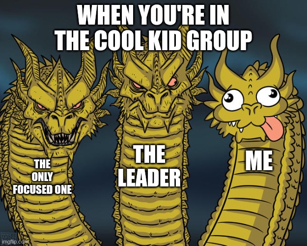 Three-headed Dragon | WHEN YOU'RE IN THE COOL KID GROUP; THE LEADER; ME; THE ONLY FOCUSED ONE | image tagged in three-headed dragon | made w/ Imgflip meme maker