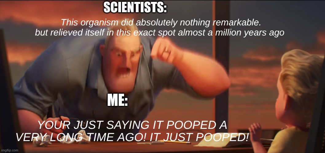 hey y'all use this for quick fossil joke on trace fossils | SCIENTISTS:; This organism did absolutely nothing remarkable.
but relieved itself in this exact spot almost a million years ago; ME:; YOUR JUST SAYING IT POOPED A VERY LONG TIME AGO! IT JUST POOPED! | image tagged in math is math | made w/ Imgflip meme maker