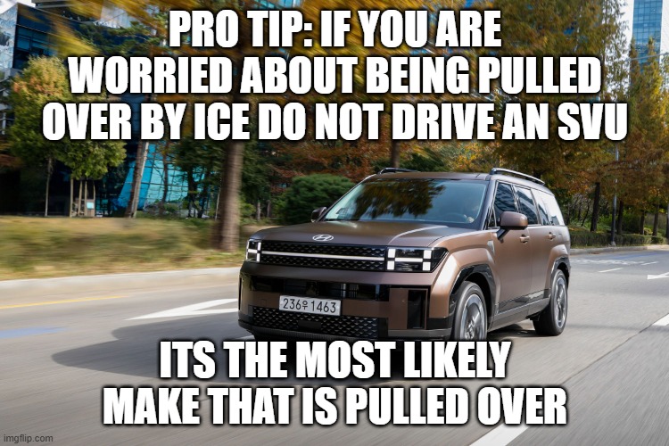 Pro tip: If you are worried about being pulled over by ice do not drive an svu | PRO TIP: IF YOU ARE WORRIED ABOUT BEING PULLED OVER BY ICE DO NOT DRIVE AN SVU; ITS THE MOST LIKELY MAKE THAT IS PULLED OVER | image tagged in suv,politics,pulled over,illegal aliens,hns,minnesota | made w/ Imgflip meme maker