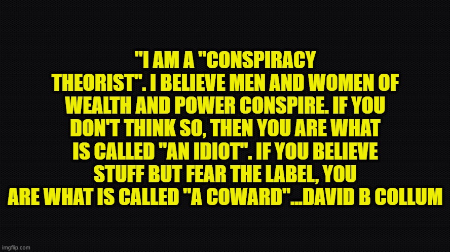 Definition - Conspiracy theorist | ''I AM A "CONSPIRACY THEORIST". I BELIEVE MEN AND WOMEN OF WEALTH AND POWER CONSPIRE. IF YOU DON'T THINK SO, THEN YOU ARE WHAT IS CALLED "AN IDIOT". IF YOU BELIEVE STUFF BUT FEAR THE LABEL, YOU ARE WHAT IS CALLED "A COWARD"...DAVID B COLLUM | image tagged in conspiracy theory,conspiracy,psyop,false flag,red pill,black pill | made w/ Imgflip meme maker