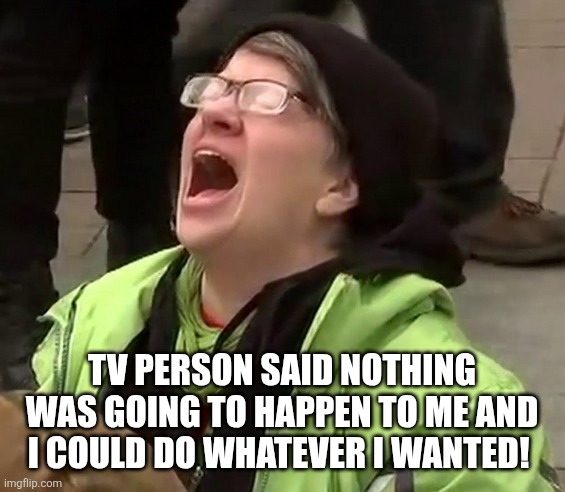 Crying liberal | TV PERSON SAID NOTHING WAS GOING TO HAPPEN TO ME AND I COULD DO WHATEVER I WANTED! | image tagged in crying liberal | made w/ Imgflip meme maker