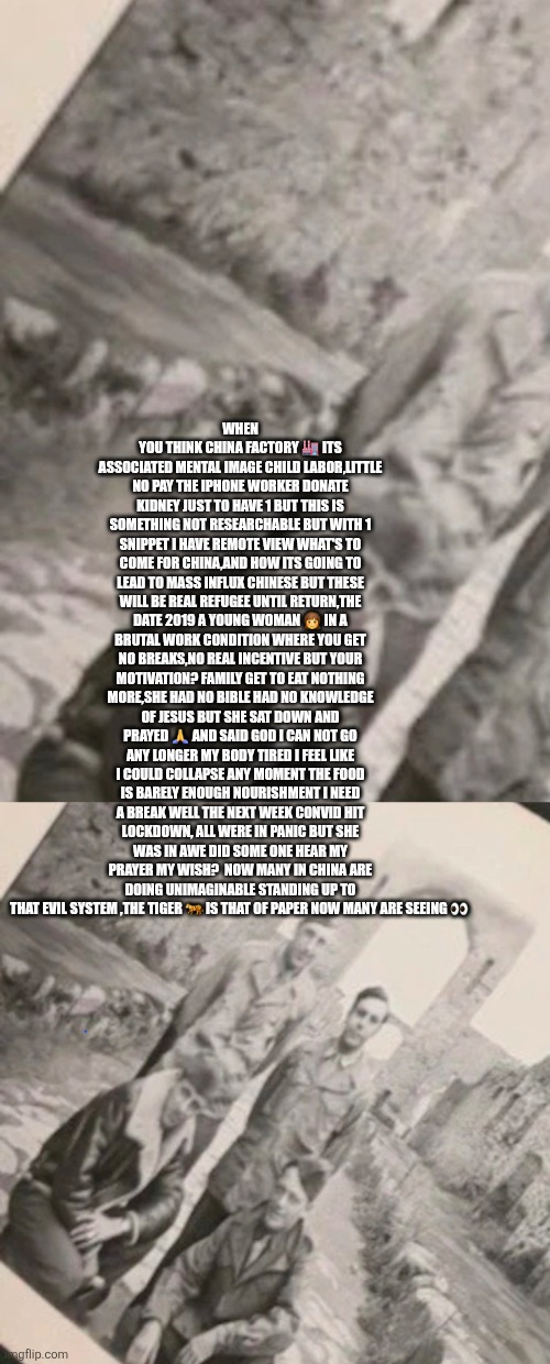 The origins of covid and a regime that never seen a bible | WHEN YOU THINK CHINA FACTORY 🏭 ITS ASSOCIATED MENTAL IMAGE CHILD LABOR,LITTLE NO PAY THE IPHONE WORKER DONATE KIDNEY JUST TO HAVE 1 BUT THIS IS SOMETHING NOT RESEARCHABLE BUT WITH 1 SNIPPET I HAVE REMOTE VIEW WHAT'S TO COME FOR CHINA,AND HOW ITS GOING TO LEAD TO MASS INFLUX CHINESE BUT THESE WILL BE REAL REFUGEE UNTIL RETURN,THE DATE 2019 A YOUNG WOMAN 👧 IN A BRUTAL WORK CONDITION WHERE YOU GET NO BREAKS,NO REAL INCENTIVE BUT YOUR MOTIVATION? FAMILY GET TO EAT NOTHING MORE,SHE HAD NO BIBLE HAD NO KNOWLEDGE OF JESUS BUT SHE SAT DOWN AND PRAYED 🙏 AND SAID GOD I CAN NOT GO ANY LONGER MY BODY TIRED I FEEL LIKE I COULD COLLAPSE ANY MOMENT THE FOOD IS BARELY ENOUGH NOURISHMENT I NEED A BREAK WELL THE NEXT WEEK CONVID HIT LOCKDOWN, ALL WERE IN PANIC BUT SHE WAS IN AWE DID SOME ONE HEAR MY PRAYER MY WISH?  NOW MANY IN CHINA ARE DOING UNIMAGINABLE STANDING UP TO THAT EVIL SYSTEM ,THE TIGER 🐅 IS THAT OF PAPER NOW MANY ARE SEEING 👀 | image tagged in wtf,covid,19 | made w/ Imgflip meme maker
