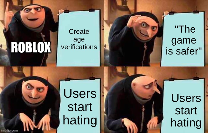 TAKE DOWN THE VERIFICATIONS | Create age verifications; "The game is safer"; ROBLOX; Users start hating; Users start hating | image tagged in memes,gru's plan | made w/ Imgflip meme maker