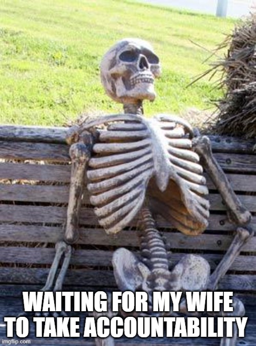 Waiting for my wife to take accountability | WAITING FOR MY WIFE TO TAKE ACCOUNTABILITY | image tagged in memes,waiting skeleton,funny,wife,accountability,women | made w/ Imgflip meme maker