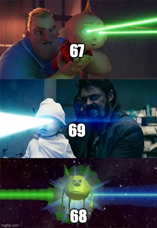Spare some love for my boy 68 | 67; 69; 68 | image tagged in laser eyes baby,69,67 | made w/ Imgflip meme maker