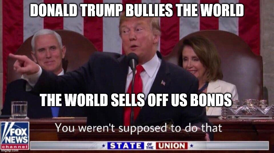 The art of deal | DONALD TRUMP BULLIES THE WORLD; THE WORLD SELLS OFF US BONDS | image tagged in donald trump you weren t supposed to do that,economy,finance,donald trump,usa | made w/ Imgflip meme maker
