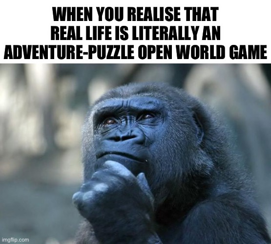 Nah just hear me out for a sec | WHEN YOU REALISE THAT REAL LIFE IS LITERALLY AN ADVENTURE-PUZZLE OPEN WORLD GAME | image tagged in deep thoughts,memes,listen,existentialism | made w/ Imgflip meme maker