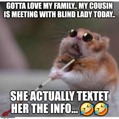 Blind lady | GOTTA LOVE MY FAMILY.. MY COUSIN IS MEETING WITH BLIND LADY TODAY.. SHE ACTUALLY TEXTET HER THE INFO... 🤣🤣 | image tagged in blind hamster | made w/ Imgflip meme maker