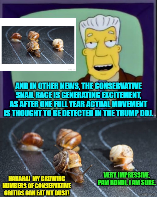 More of us are starting to call for Trump to dump you Pam . . . so snail faster. | AND IN OTHER NEWS, THE CONSERVATIVE SNAIL RACE IS GENERATING EXCITEMENT, AS AFTER ONE FULL YEAR ACTUAL MOVEMENT IS THOUGHT TO BE DETECTED IN THE TRUMP DOJ. VERY IMPRESSIVE, PAM BONDI, I AM SURE. HAHAHA!  MY GROWING NUMBERS OF CONSERVATIVE CRITICS CAN EAT MY DUST! | image tagged in yep | made w/ Imgflip meme maker