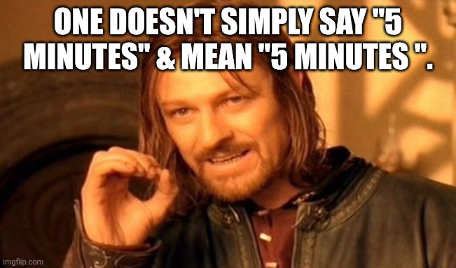 One Does Not Simply Meme | ONE DOESN'T SIMPLY SAY "5 MINUTES" & MEAN "5 MINUTES ". | image tagged in memes,one does not simply | made w/ Imgflip meme maker