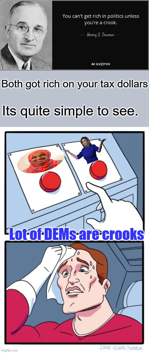Harry knew the truth. | Both got rich on your tax dollars; Its quite simple to see. Lot of DEMs are crooks | image tagged in memes,two buttons | made w/ Imgflip meme maker