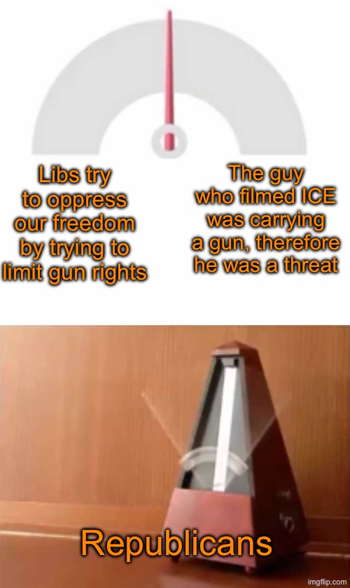 Just because someone has a gun, doesn’t mean he‘ll use it. So either ban guns for everyone, or for no one. | The guy who filmed ICE was carrying a gun, therefore he was a threat; Libs try to oppress our freedom by trying to limit gun rights; Republicans | image tagged in metronome | made w/ Imgflip meme maker