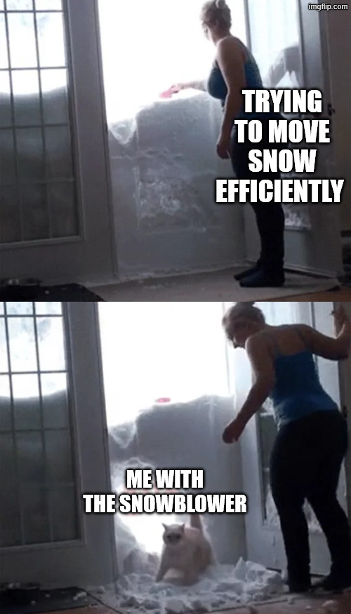 SNow Removal | TRYING TO MOVE SNOW EFFICIENTLY; ME WITH THE SNOWBLOWER | image tagged in snow cat,snow 2026,snow,snowblower | made w/ Imgflip meme maker