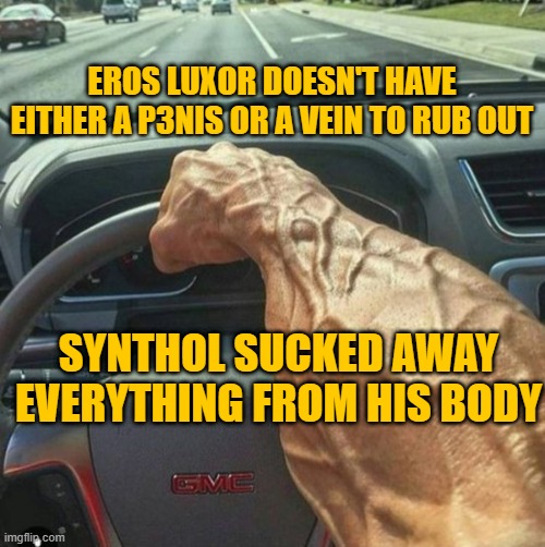 veiny arm | EROS LUXOR DOESN'T HAVE EITHER A P3NIS OR A VEIN TO RUB OUT SYNTHOL SUCKED AWAY EVERYTHING FROM HIS BODY | image tagged in veiny arm | made w/ Imgflip meme maker