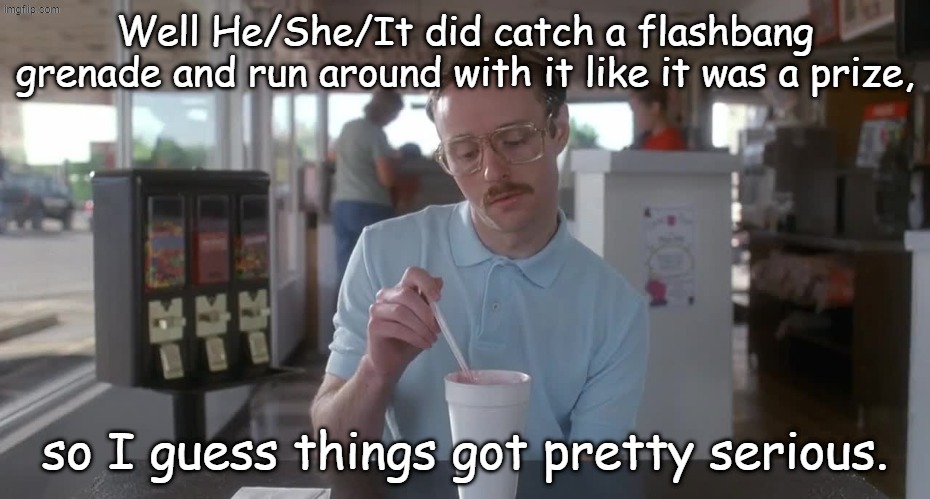 Napoleon Dynamite Pretty Serious | Well He/She/It did catch a flashbang grenade and run around with it like it was a prize, so I guess things got pretty serious. | image tagged in napoleon dynamite pretty serious | made w/ Imgflip meme maker