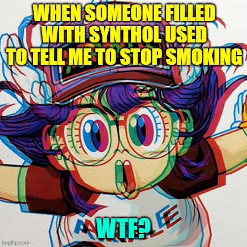 ARALE TRIGGERED | WHEN SOMEONE FILLED WITH SYNTHOL USED TO TELL ME TO STOP SMOKING; WTF? | image tagged in arale triggered | made w/ Imgflip meme maker