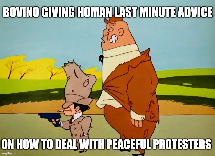 Last Minute Advice | BOVINO GIVING HOMAN LAST MINUTE ADVICE; ON HOW TO DEAL WITH PEACEFUL PROTESTERS | made w/ Imgflip meme maker
