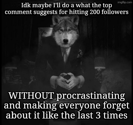 Wolf on a chair | Idk maybe I'll do a what the top comment suggests for hitting 200 followers; WITHOUT procrastinating and making everyone forget about it like the last 3 times | image tagged in wolf on a chair | made w/ Imgflip meme maker