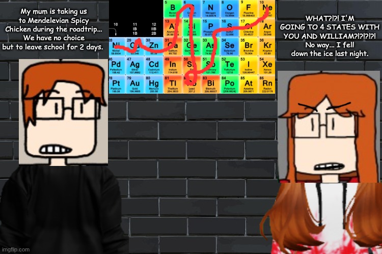 ANOTHER EXPEDITION organised by MC's mum | WHAT?!?! I'M GOING TO 4 STATES WITH YOU AND WILLIAM?!?!?!?! No way... I fell down the ice last night. My mum is taking us to Mendelevian Spicy Chicken during the roadtrip... We have no choice but to leave school for 2 days. | image tagged in mc,cc,expedition,moscovio may,cc dyne | made w/ Imgflip meme maker