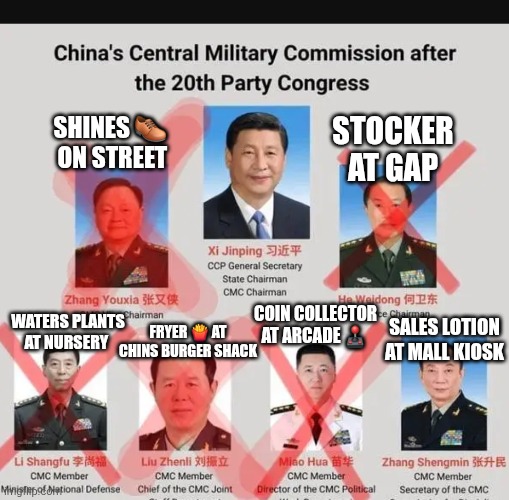 China just shook up its cabinet ,given new roles | STOCKER AT GAP; SHINES 👞  ON STREET; COIN COLLECTOR AT ARCADE 🕹; WATERS PLANTS AT NURSERY; FRYER 🍟 AT CHINS BURGER SHACK; SALES LOTION AT MALL KIOSK | image tagged in parofy,parody,wtf | made w/ Imgflip meme maker