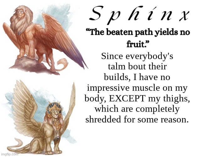 Spinx (aka erocitnaM) | Since everybody's talm bout their builds, I have no impressive muscle on my body, EXCEPT my thighs, which are completely shredded for some reason. | image tagged in spinx aka erocitnam | made w/ Imgflip meme maker
