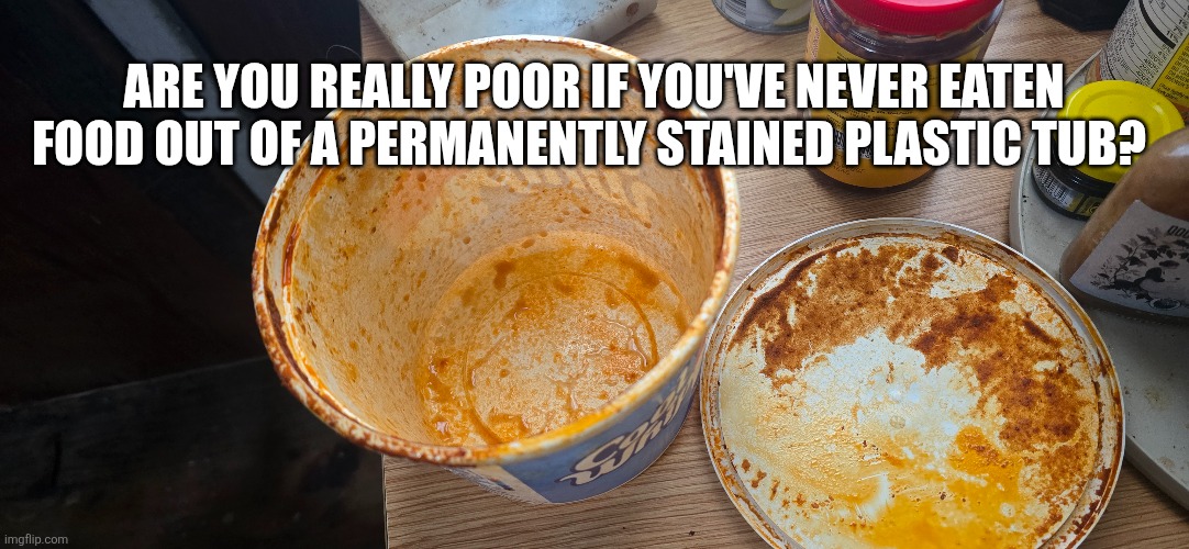 Really poor? | ARE YOU REALLY POOR IF YOU'VE NEVER EATEN FOOD OUT OF A PERMANENTLY STAINED PLASTIC TUB? | image tagged in poor | made w/ Imgflip meme maker