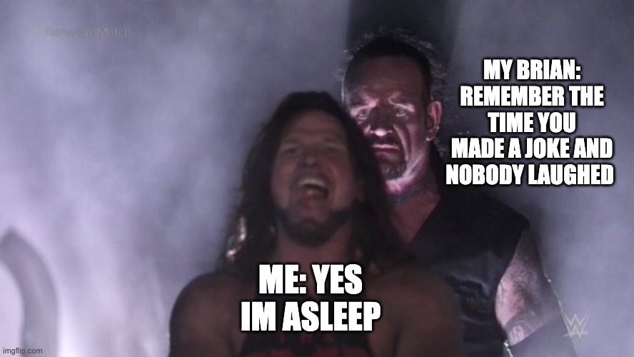 AJ Styles & Undertaker | MY BRIAN: REMEMBER THE TIME YOU MADE A JOKE AND NOBODY LAUGHED; ME: YES IM ASLEEP | image tagged in aj styles undertaker | made w/ Imgflip meme maker
