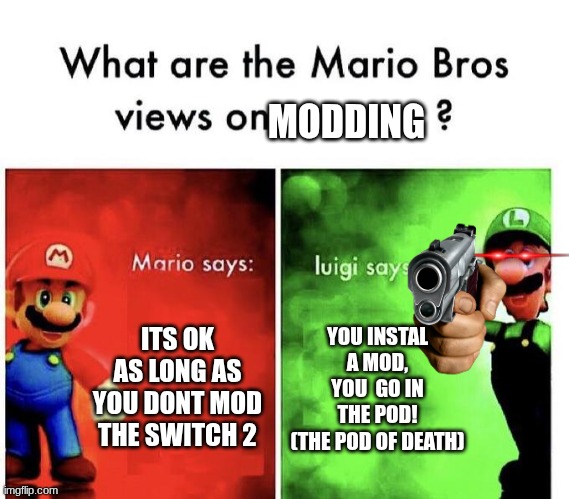 be like Mario and not luigi | MODDING; ITS OK AS LONG AS YOU DONT MOD THE SWITCH 2; YOU INSTAL A MOD, YOU  GO IN THE POD!
(THE POD OF DEATH) | image tagged in mario bros views | made w/ Imgflip meme maker