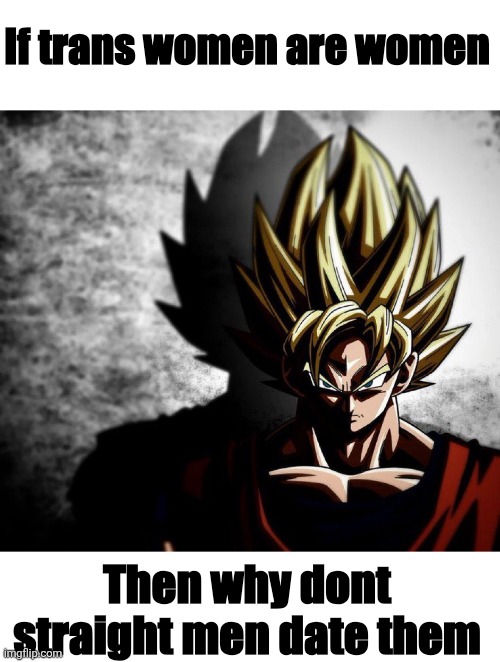Goku stare | If trans women are women Then why dont straight men date them | image tagged in goku stare | made w/ Imgflip meme maker