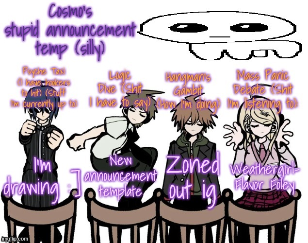 new temp | I'm drawing :]; New announcement template; Zoned out ig; Weathergirl- Flavor Foley | image tagged in cosmo's stupid announcement temp silly | made w/ Imgflip meme maker