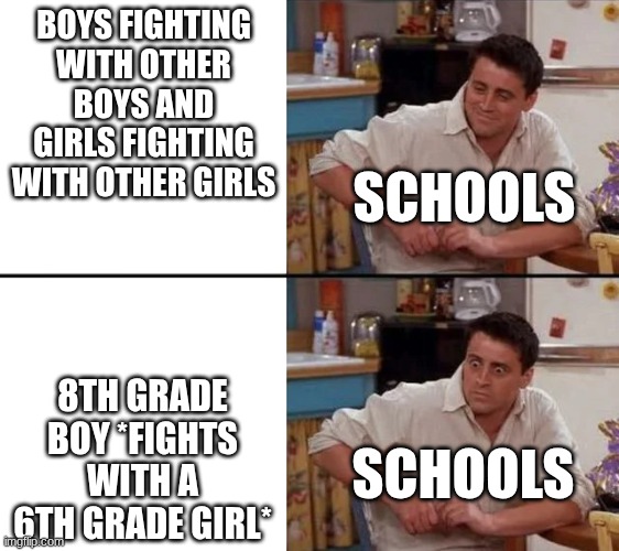 Surprised Joey | BOYS FIGHTING WITH OTHER BOYS AND GIRLS FIGHTING WITH OTHER GIRLS; SCHOOLS; 8TH GRADE BOY *FIGHTS WITH A 6TH GRADE GIRL*; SCHOOLS | image tagged in surprised joey | made w/ Imgflip meme maker