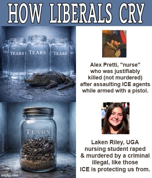 How Liberals Cry | Alex Pretti, "nurse" who was justifiably killed (not murdered) after assaulting ICE agents while armed with a pistol. Laken Riley, UGA nursing student raped & murdered by a criminal illegal, like those ICE is protecting us from. | image tagged in how liberals cry | made w/ Imgflip meme maker