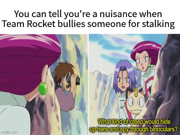 Shame on you | You can tell you're a nuisance when Team Rocket bullies someone for stalking; What kind of creep would hide up here and spy through binoculars? | image tagged in memes,funny,pokemon,anime | made w/ Imgflip meme maker