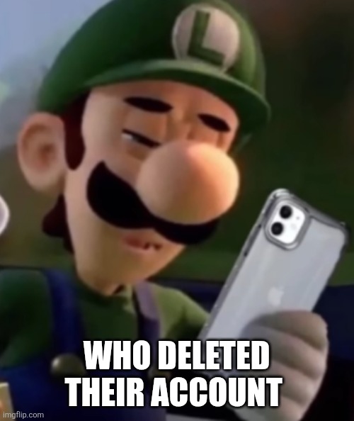 Luigi With Phone | WHO DELETED THEIR ACCOUNT | image tagged in luigi with phone | made w/ Imgflip meme maker
