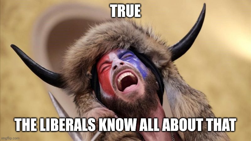 TRUE THE LIBERALS KNOW ALL ABOUT THAT | image tagged in qanon shaman | made w/ Imgflip meme maker