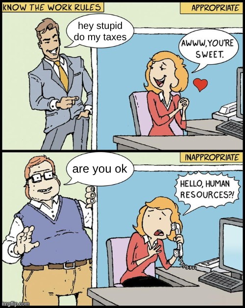 just why | hey stupid do my taxes; are you ok | image tagged in hello human resources | made w/ Imgflip meme maker