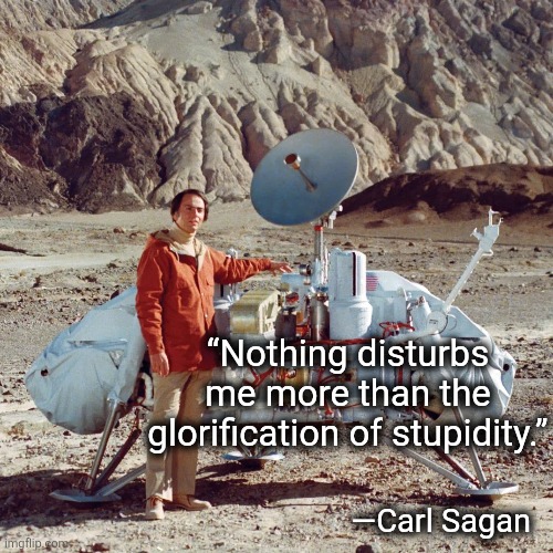 “Nothing disturbs me more than the glorification of stupidity.”; —Carl Sagan | image tagged in stupidity,carl sagan | made w/ Imgflip meme maker
