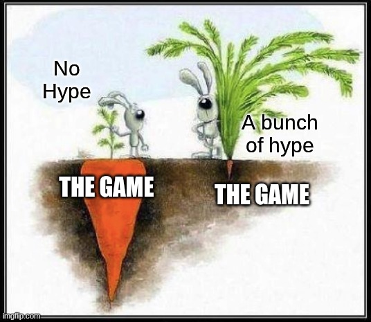 People who Play Roblox Will Understand or any other game | No Hype; A bunch of hype; THE GAME; THE GAME | image tagged in two rabbits | made w/ Imgflip meme maker