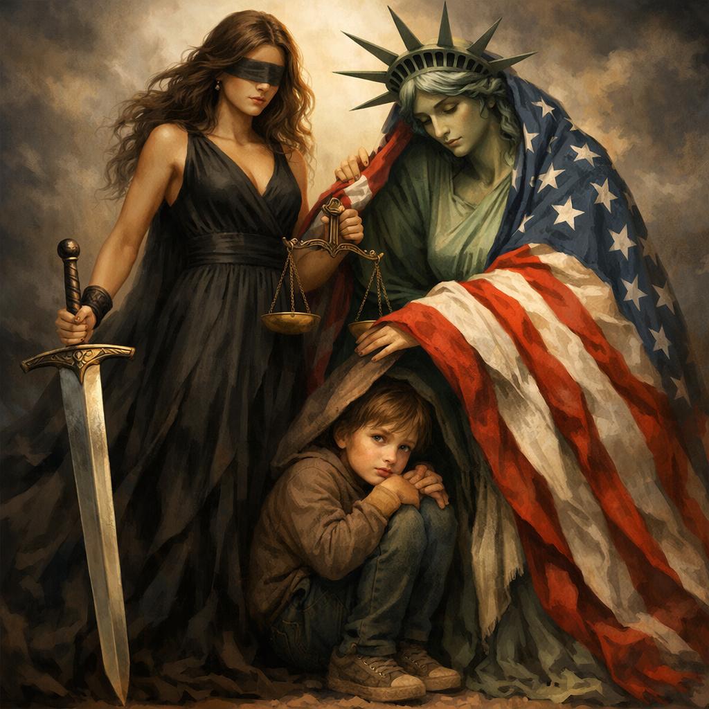 Justice with a sword and a black dress stands next to lady liber Blank Meme Template