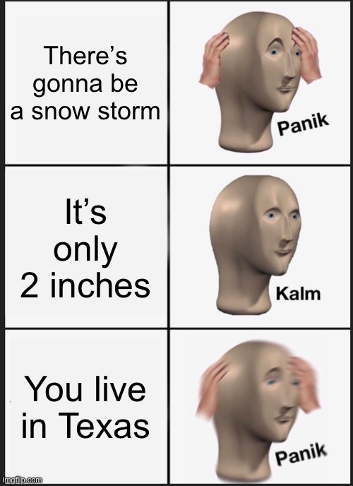 Sniw | There’s gonna be a snow storm; It’s only 2 inches; You live in Texas | image tagged in memes,panik kalm panik | made w/ Imgflip meme maker