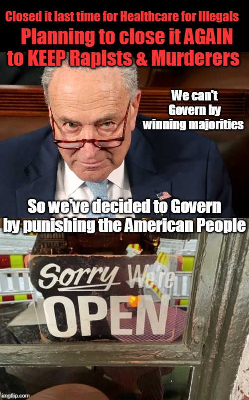 Democrats The Party Of the Illegal Aliens | Planning to close it AGAIN to KEEP Rapists & Murderers; Closed it last time for Healthcare for Illegals | image tagged in schumer shut down to keep rapists meme | made w/ Imgflip meme maker